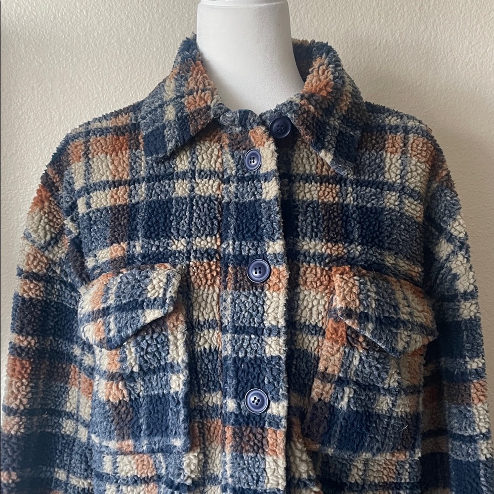 J.O.A. Plaid Sherpa Teddy Jacket | Cozy Faux Fur Lined Shacket | Size S - Picture 3 of 9